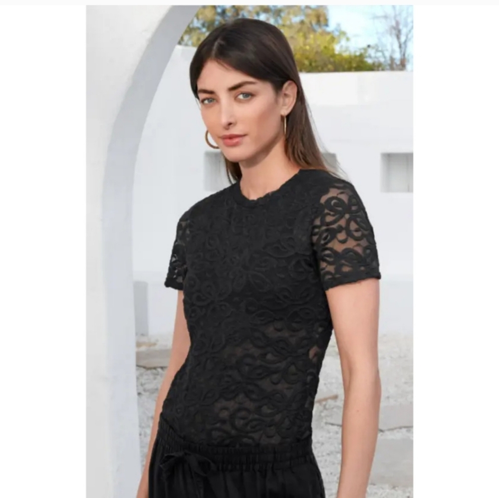 NWT Johnny Was Jade Astrid Short Sleeve Lace Embroidered Sheer Black Mesh Top